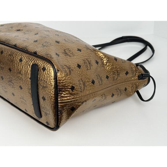 MCM Metallic Visetos Medium Shopper Tote Bag Gold Leather - Picture 11 of 16